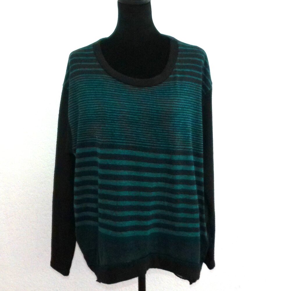 Michelle, Green/black stripes low-high long sleeve blouse